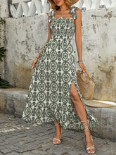 Smocked Slit Printed Tie Shoulder Dress OutfitFlow